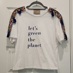 White T-Shirt with Blue Text and Colorful Tassels